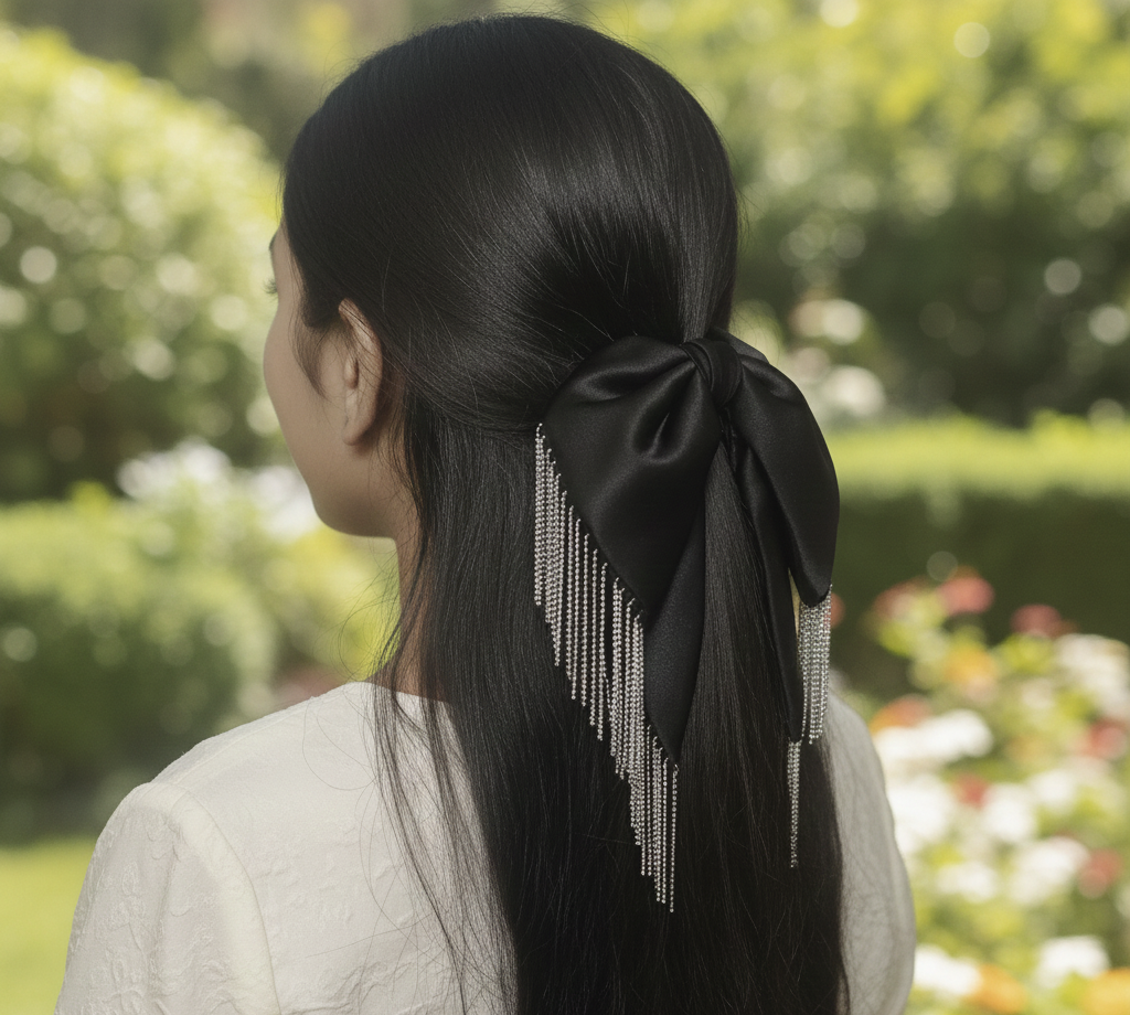 Elegant Satin Hair Bow Clutche, Claw Clip with Silver Crystal Fringe Tassels, Formal Hair Accessory For Girls And women