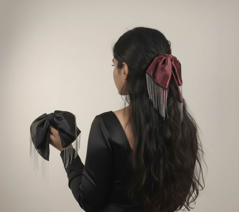 Elegant Satin Hair Bow Clutche, Claw Clip with Silver Crystal Fringe Tassels, Formal Hair Accessory For Girls And women