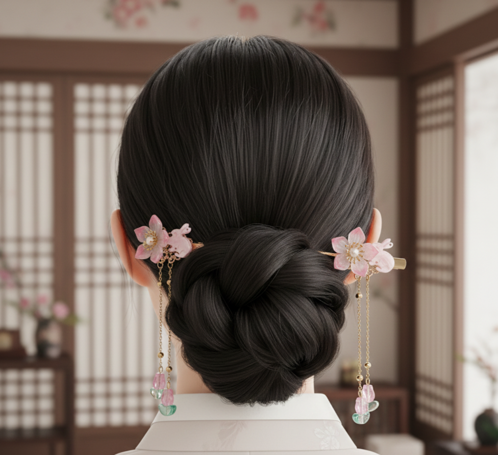 1 Pair Of Korean Flower Hair Clip with Pearl, Dangling Chain with Leaf Charms, Gold Tone, Floral Design For Kids And Girl