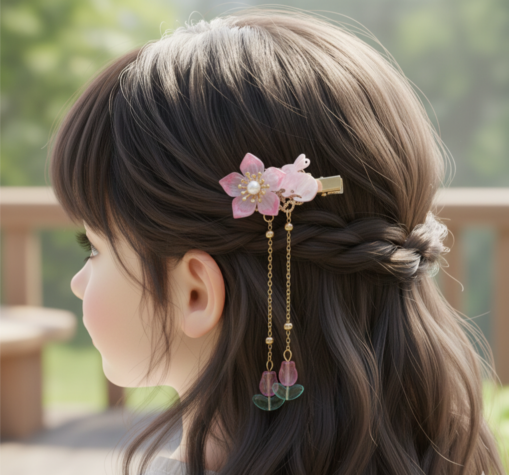 1 Pair Of Korean Flower Hair Clip with Pearl, Dangling Chain with Leaf Charms, Gold Tone, Floral Design For Kids And Girl