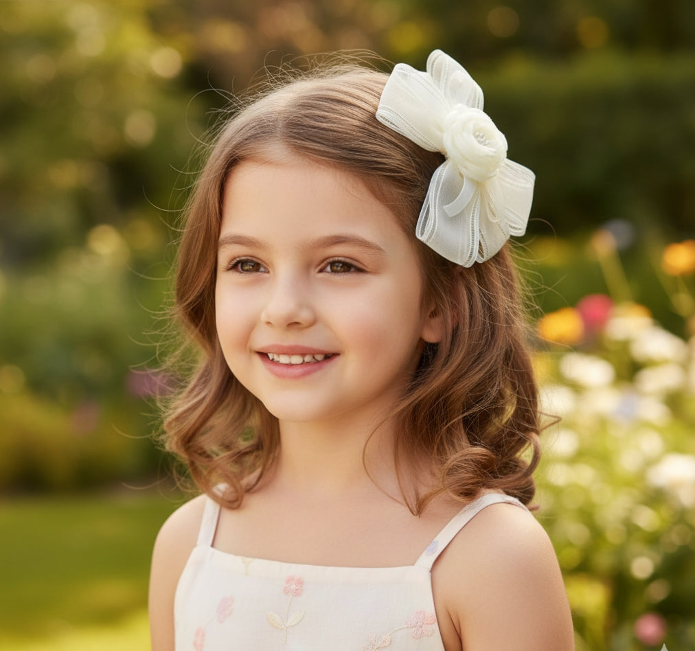 Handmade Organza Hair Bow Clip for Girls – 13 cm Floral Bow with Secure Alligator Clip, Elegant Hair Accessory for Kids, Toddlers & Special Occasions (Off White)