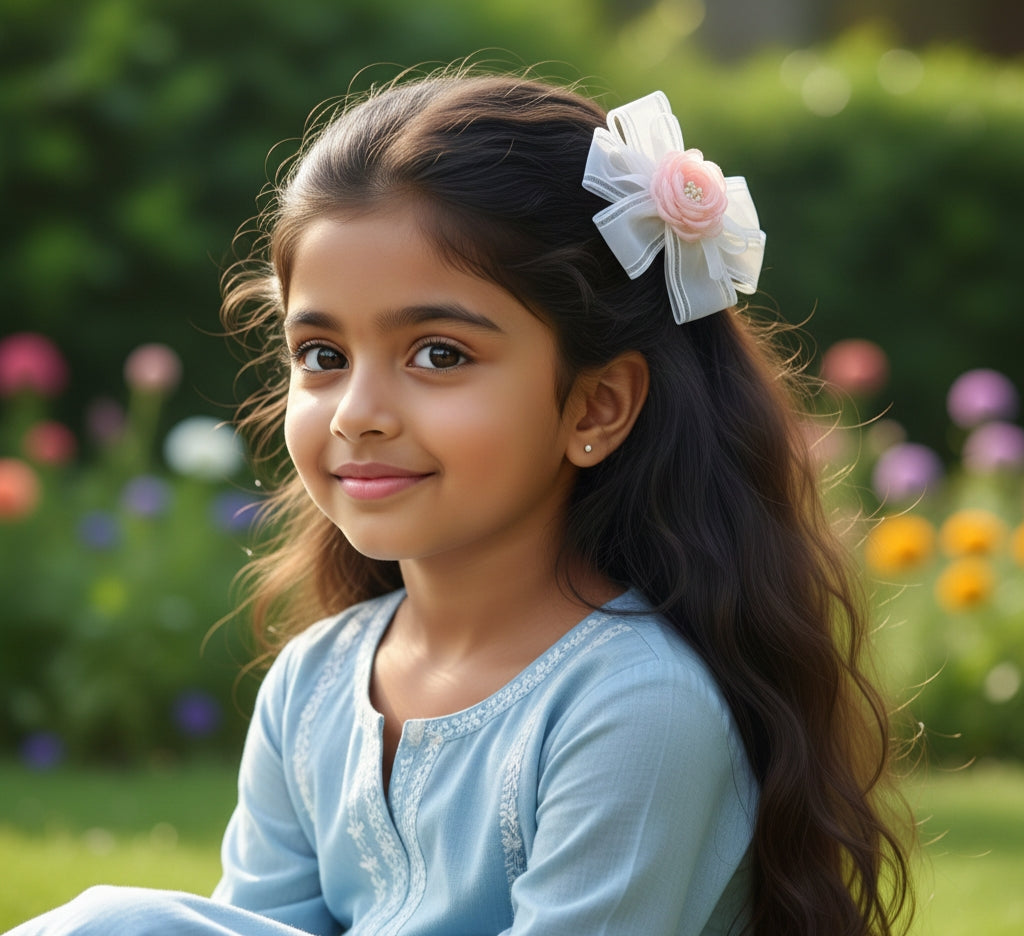 Handmade Organza Hair Bow Clip for Girls – 13 cm Floral Bow with Secure Alligator Clip, Elegant Hair Accessory for Kids, Toddlers & Special Occasions (Peach)