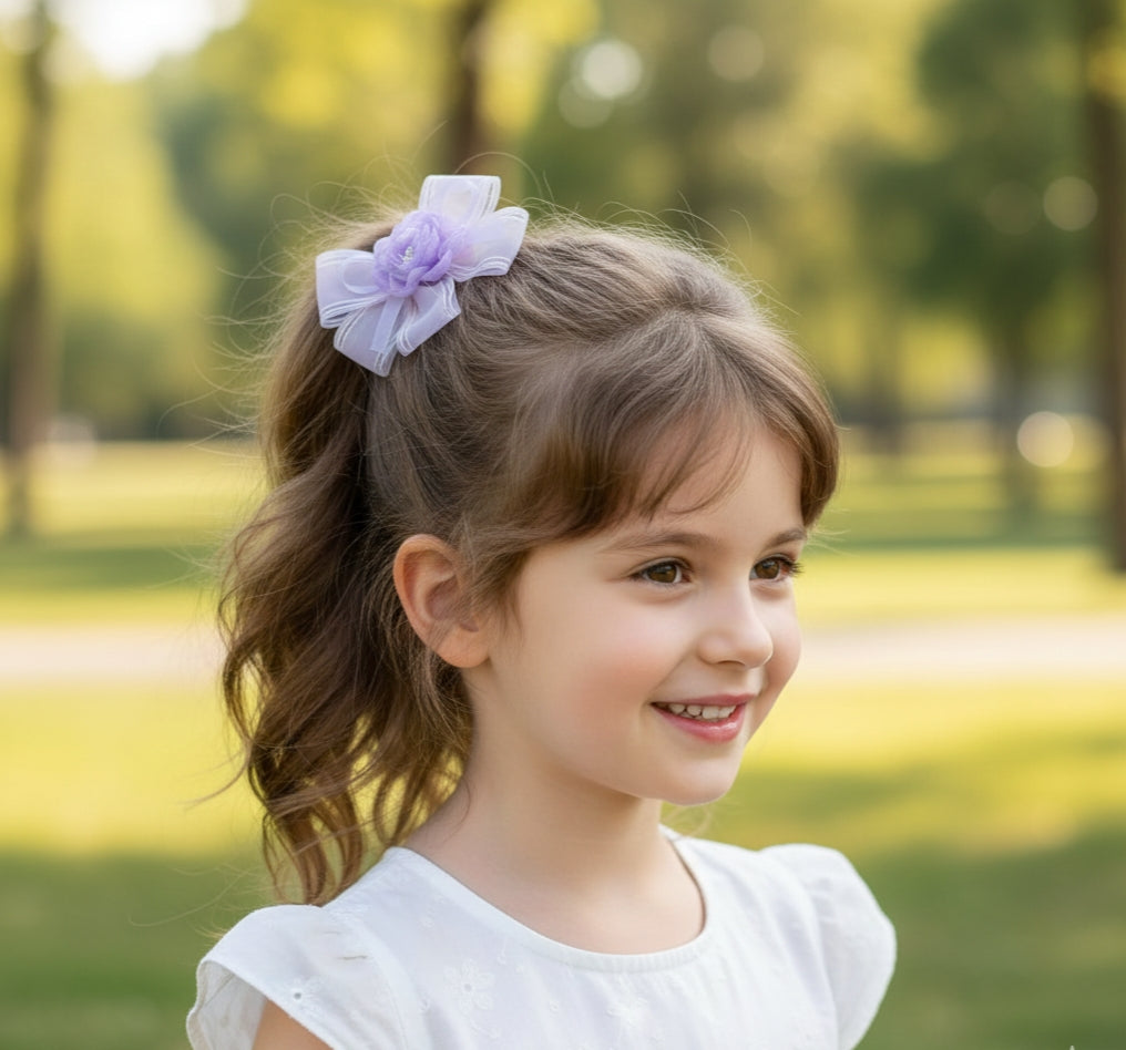 Handmade Organza Hair Bow Clip for Girls – 13 cm Floral Bow with Secure Alligator Clip, Elegant Hair Accessory for Kids, Toddlers & Special Occasions (Purple)