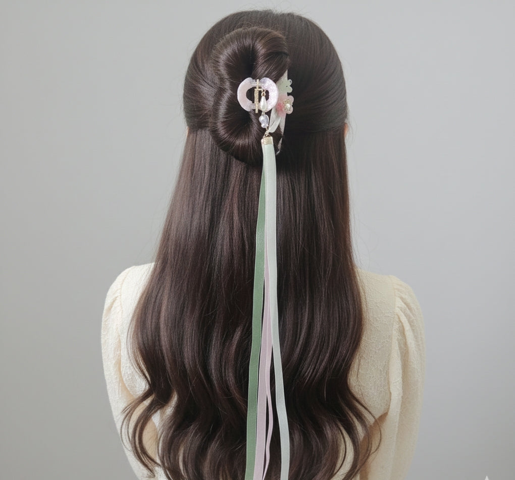 Handmade Fairy Blossom Hair Claw Clip with Long Tassel Ribbons – Elegant Hanfu Hair Accessory for Women and Girls – Pink Floral Butterfly Design with 42cm Streaming Tassels