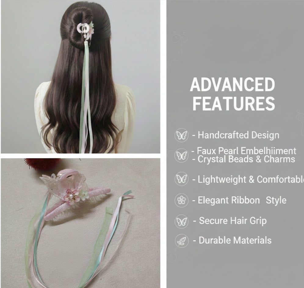 Handmade Fairy Blossom Hair Claw Clip with Long Tassel Ribbons – Elegant Hanfu Hair Accessory for Women and Girls – Pink Floral Butterfly Design with 42cm Streaming Tassels