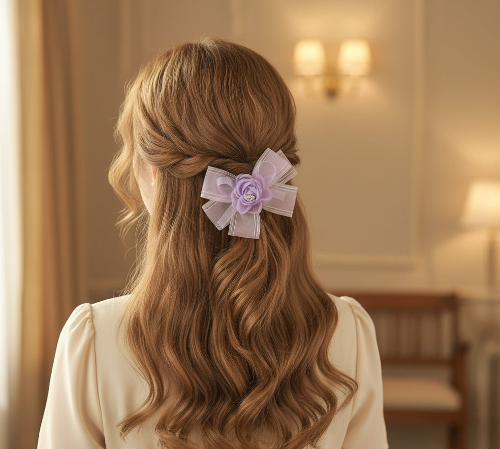 Handmade Organza Hair Bow Clip for Girls – 13 cm Floral Bow with Secure Alligator Clip, Elegant Hair Accessory for Kids, Toddlers & Special Occasions (Purple)