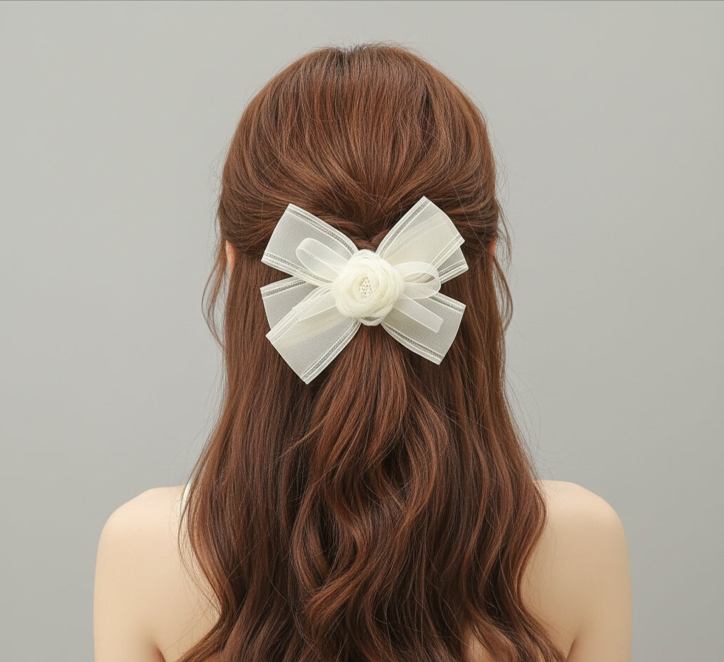 Handmade Organza Hair Bow Clip for Girls – 13 cm Floral Bow with Secure Alligator Clip, Elegant Hair Accessory for Kids, Toddlers & Special Occasions (Off White)