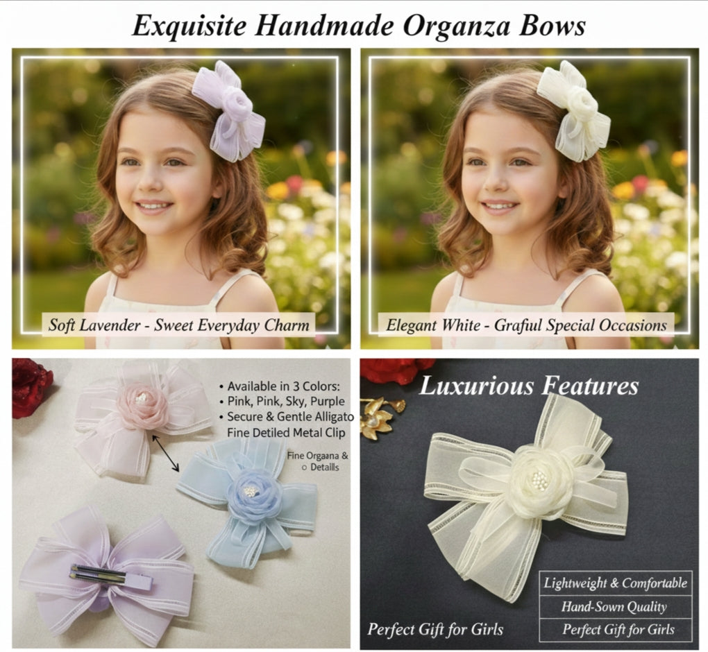 Handmade Organza Hair Bow Clip for Girls – 13 cm Floral Bow with Secure Alligator Clip, Elegant Hair Accessory for Kids, Toddlers & Special Occasions (Purple)