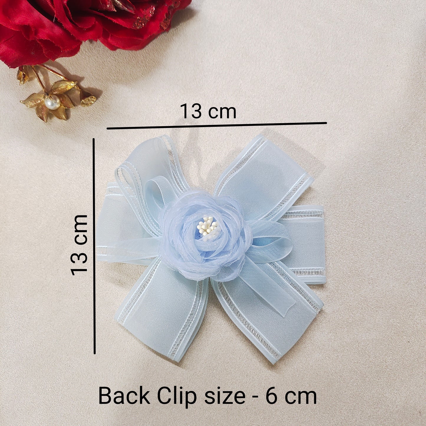 Handmade Organza Hair Bow Clip for Girls – 13 cm Floral Bow with Secure Alligator Clip, Elegant Hair Accessory for Kids, Toddlers & Special Occasions (Sky Blue)