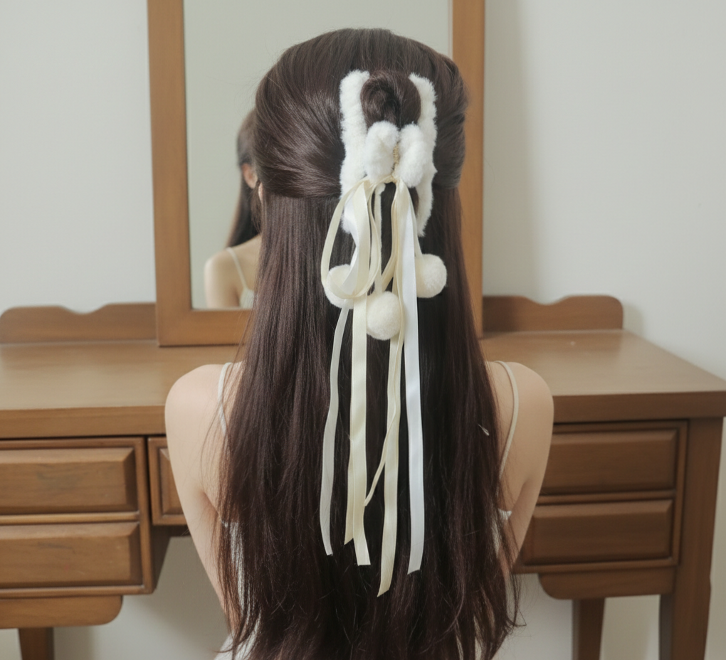 Cute Fluffy Hair Claw Clip with Ribbon Tassels & Pom Poms – Soft Fur Hair Clutcher for Women & Girls – Strong Hold Non-Slip Hair Clip for Ponytail, Bun, Half Up Hairstyle, Pack of 1