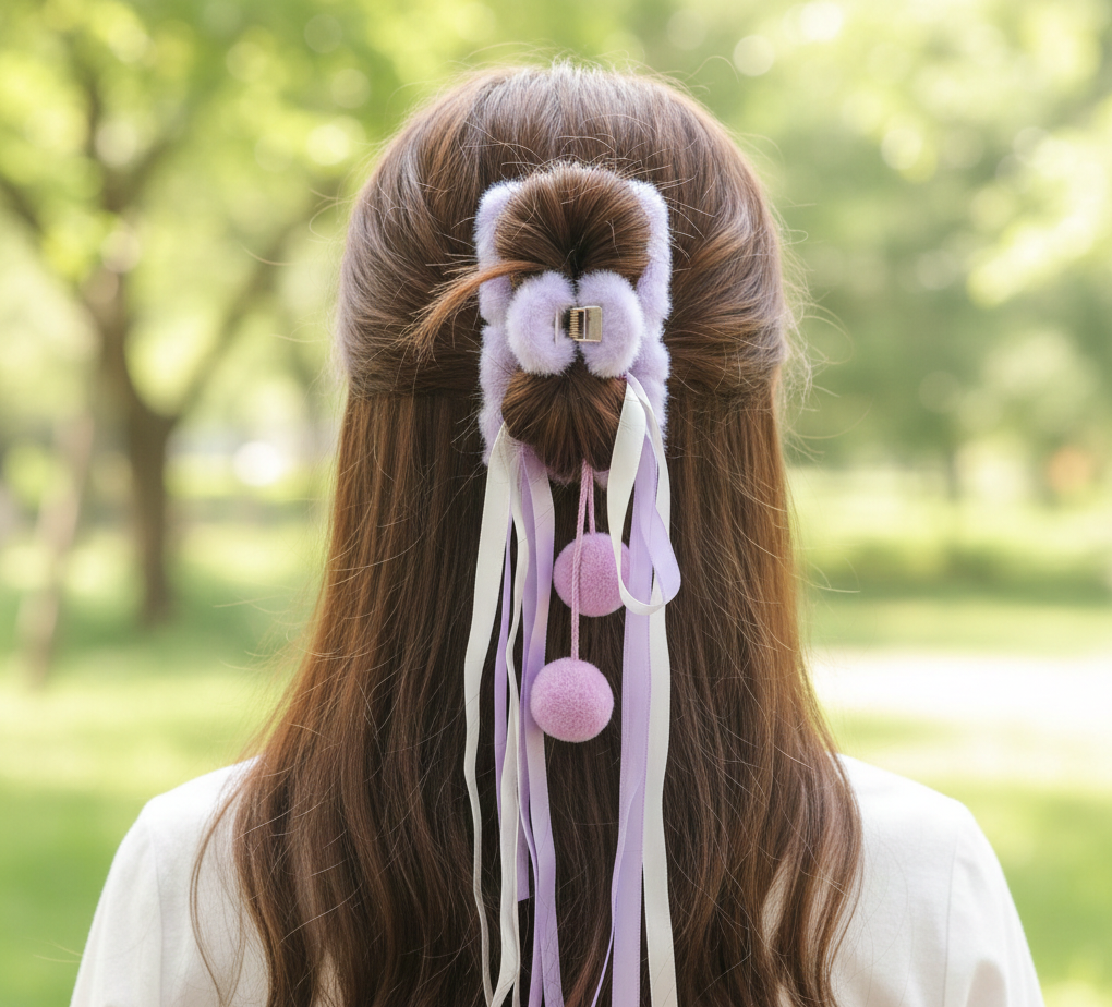 Cute Fluffy Hair Claw Clip with Ribbon Tassels & Pom Poms – Soft Fur Hair Clutcher for Women & Girls – Strong Hold Non-Slip Hair Clip for Ponytail, Bun, Half Up Hairstyle, Pack of 1