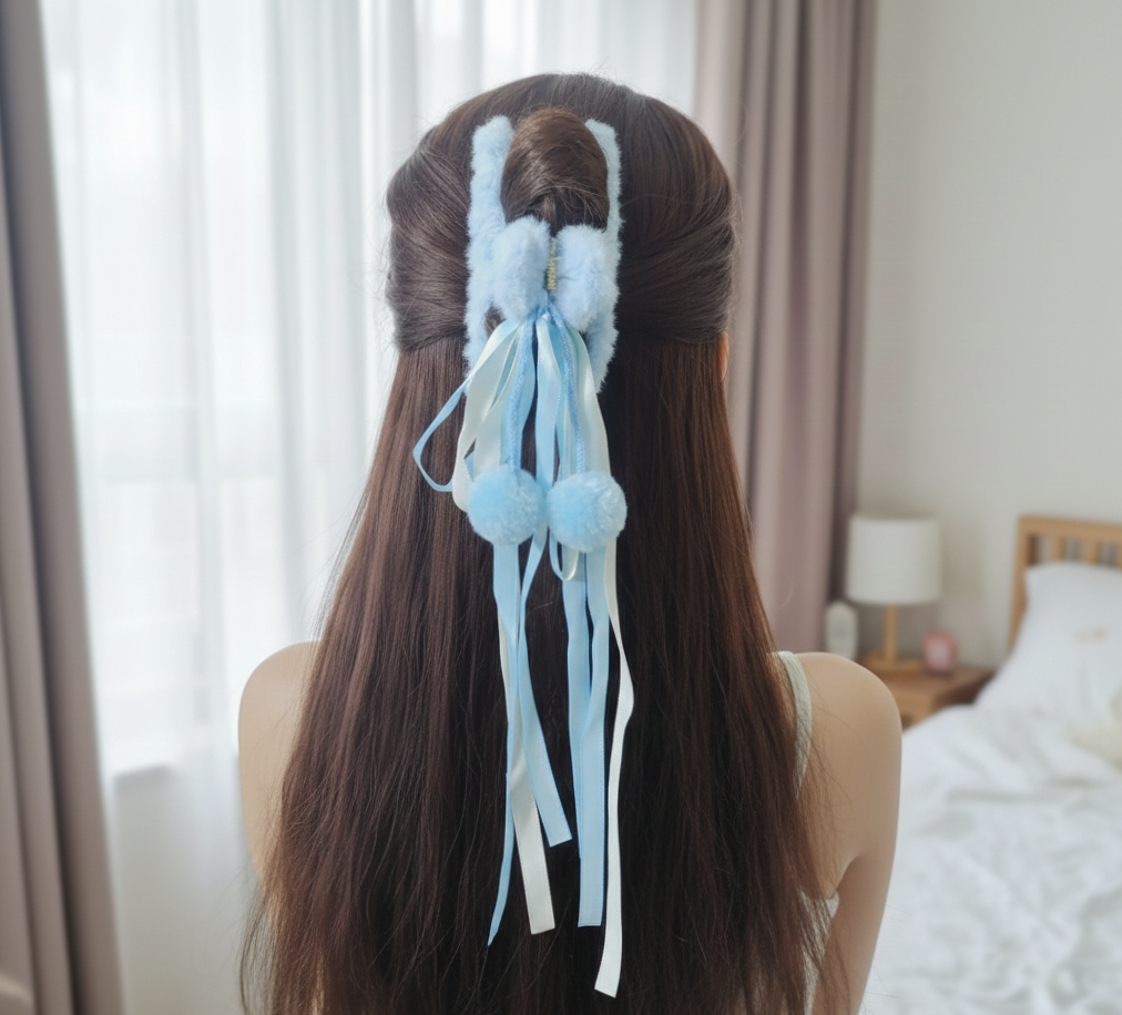 Cute Fluffy Hair Claw Clip with Ribbon Tassels & Pom Poms – Soft Fur Hair Clutcher for Women & Girls – Strong Hold Non-Slip Hair Clip for Ponytail, Bun, Half Up Hairstyle, Pack of 1