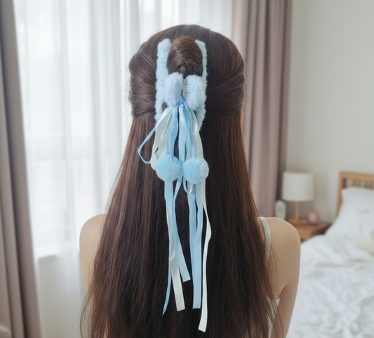 Cute Fluffy Hair Claw Clip with Ribbon Tassels & Pom Poms – Soft Fur Hair Clutcher for Women & Girls – Strong Hold Non-Slip Hair Clip for Ponytail, Bun, Half Up Hairstyle, Pack of 1
