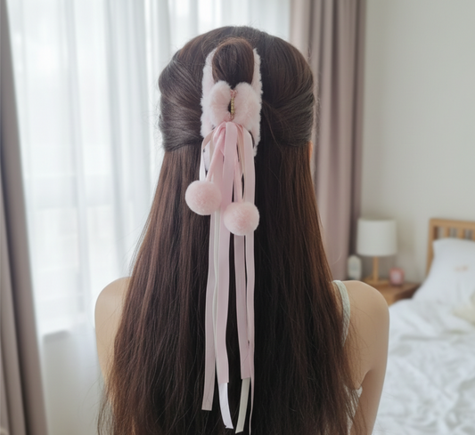 Cute Fluffy Hair Claw Clip with Ribbon Tassels & Pom Poms – Soft Fur Hair Clutcher for Women & Girls – Strong Hold Non-Slip Hair Clip for Ponytail, Bun, Half Up Hairstyle, Pack of 1