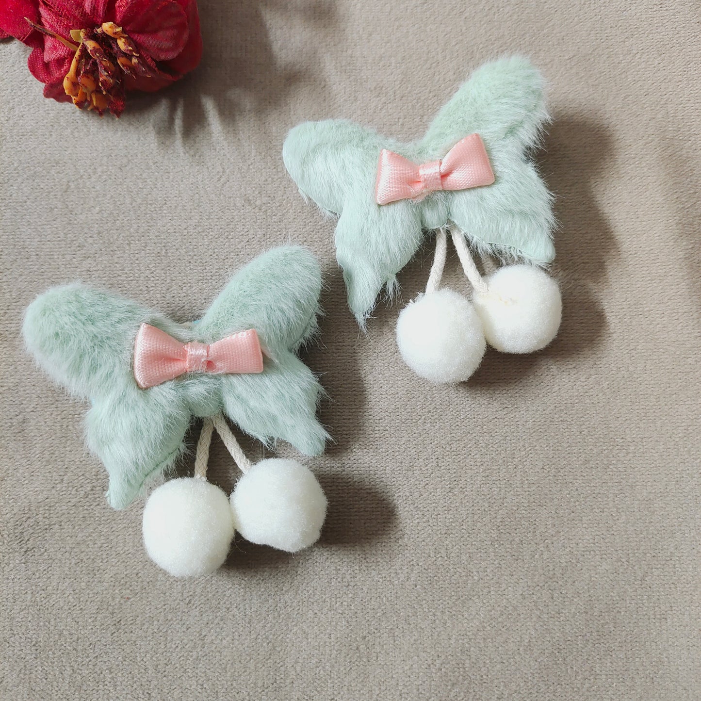 Faux Fur Hair Clips for Girls, 2 Pcs Plush Hair Accessories Set with Pom Poms and Satin Bows, Cute Pastel No-Slip Ribbon Wrapped Alligator Clips for Toddlers, Kids, and Babies
