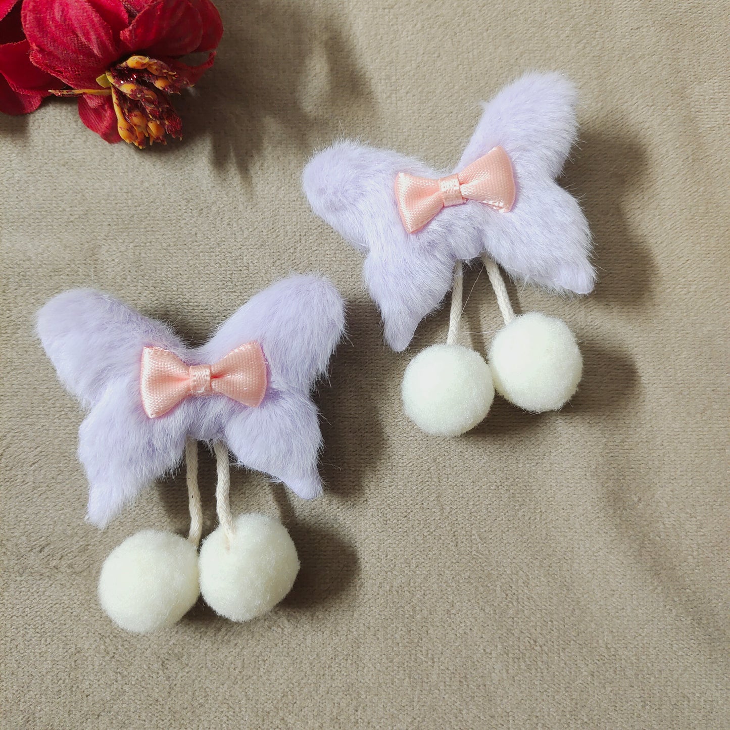 Faux Fur Hair Clips for Girls, 2 Pcs Plush Hair Accessories Set with Pom Poms and Satin Bows, Cute Pastel No-Slip Ribbon Wrapped Alligator Clips for Toddlers, Kids, and Babies