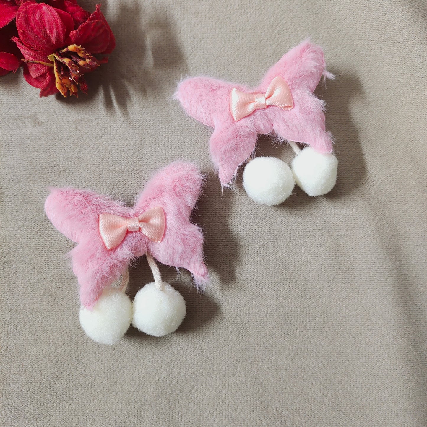 Faux Fur Hair Clips for Girls, 2 Pcs Plush Hair Accessories Set with Pom Poms and Satin Bows, Cute Pastel No-Slip Ribbon Wrapped Alligator Clips for Toddlers, Kids, and Babies