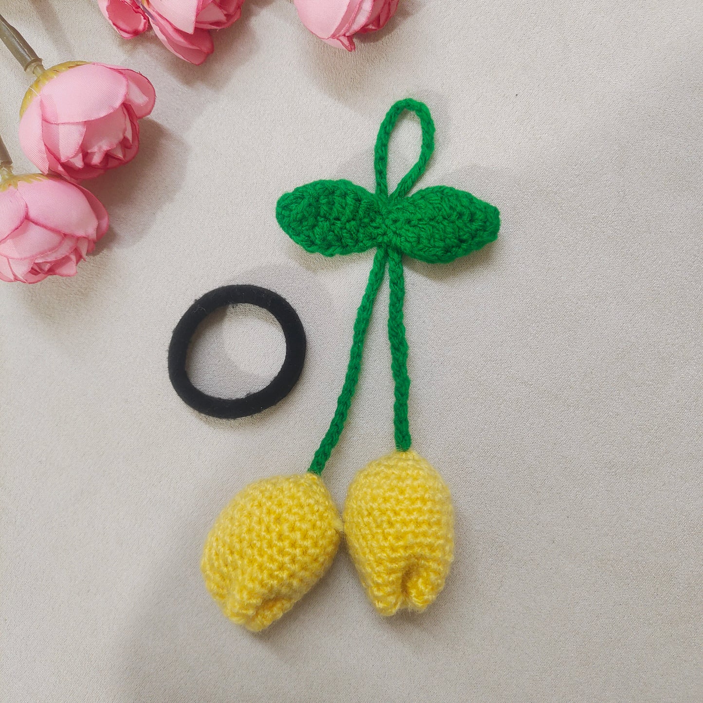 Handmade Crochet Flower, Butterfly Hair Tie for Women & Girls Soft Knitted Elastic Ponytail Holder Cute Floral Hair Band with Tassel Stylish Handmade Hair Accessory for Daily Wear Yellow Tulip