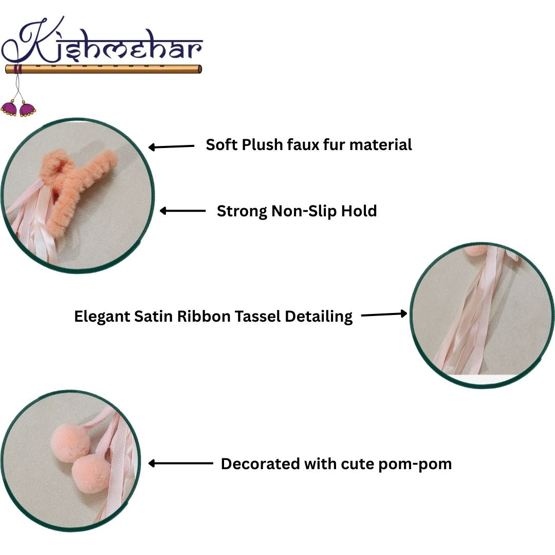 Cute Fluffy Hair Claw Clip with Ribbon Tassels & Pom Poms – Soft Fur Hair Clutcher for Women & Girls – Strong Hold Non-Slip Hair Clip for Ponytail, Bun, Half Up Hairstyle, Pack of 1