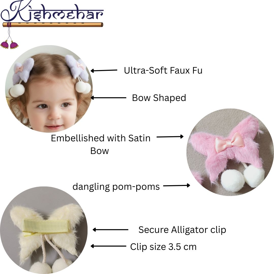Faux Fur Hair Clips for Girls, 2 Pcs Plush Hair Accessories Set with Pom Poms and Satin Bows, Cute Pastel No-Slip Ribbon Wrapped Alligator Clips for Toddlers, Kids, and Babies