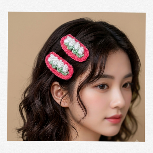 Handcrafted Crochet Flower Hair Clips for Women & Girls – 2-Piece handmade Oval Snap Barrettes with Embroidered Floral Tulip Design, Vintage Knitted Aesthetic Hair Accessories