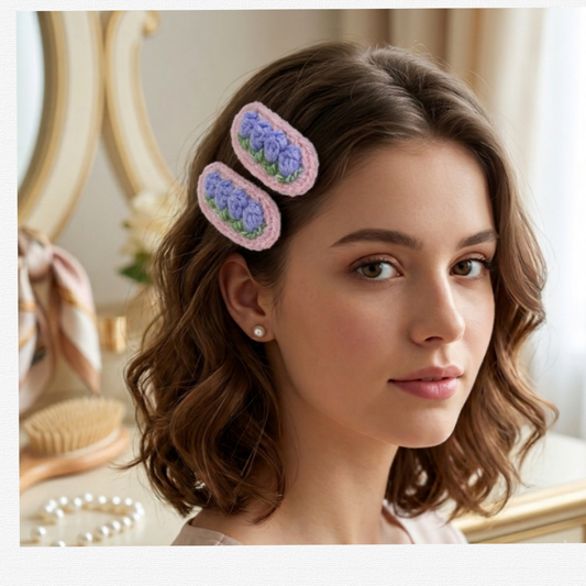 Handcrafted Crochet Flower Hair Clips for Women & Girls – 2-Piece handmade Oval Snap Barrettes with Embroidered Floral Tulip Design, Vintage Knitted Aesthetic Hair Accessories