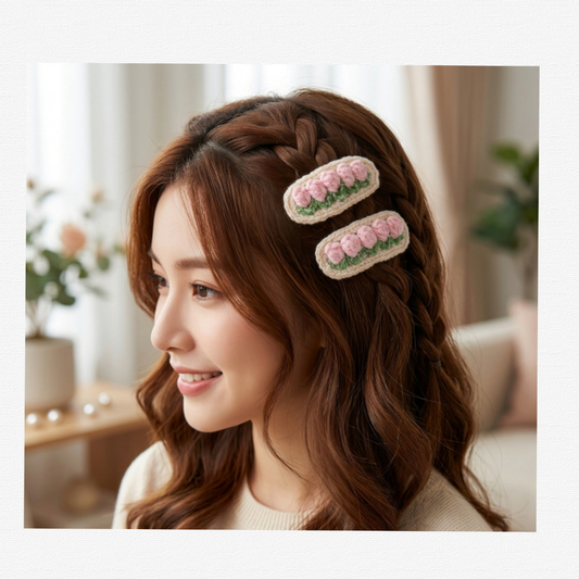 Handcrafted Crochet Flower Hair Clips for Women & Girls – 2-Piece handmade Oval Snap Barrettes with Embroidered Floral Tulip Design, Vintage Knitted Aesthetic Hair Accessories