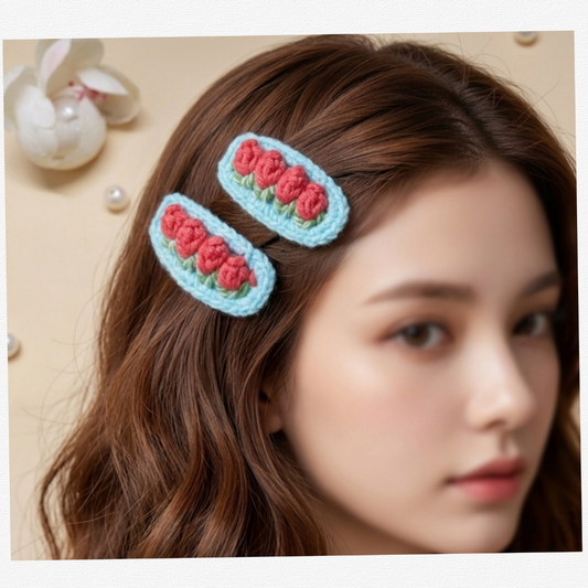 Handcrafted Crochet Flower Hair Clips for Women & Girls – 2-Piece handmade Oval Snap Barrettes with Embroidered Floral Tulip Design, Vintage Knitted Aesthetic Hair Accessories