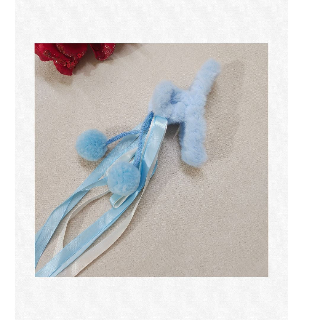 Cute Fluffy Hair Claw Clip with Ribbon Tassels & Pom Poms – Soft Fur Hair Clutcher for Women & Girls – Strong Hold Non-Slip Hair Clip for Ponytail, Bun, Half Up Hairstyle, Pack of 1